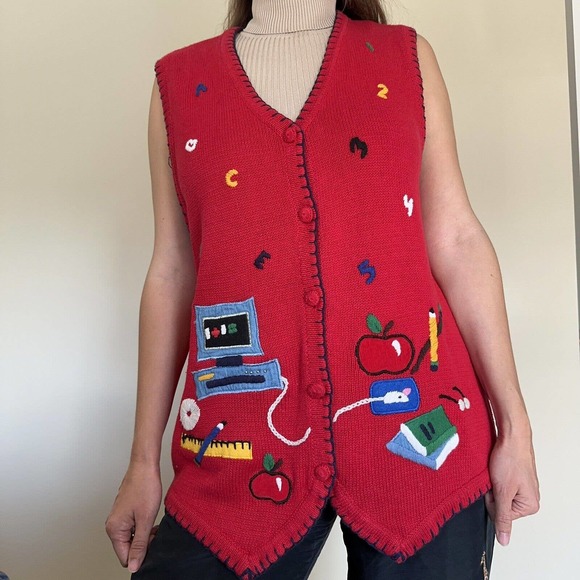 Embroidered Red Vest Cotton Ramie Blend Size 1X Vintage Halloween Christmas - Picture 1 of 6